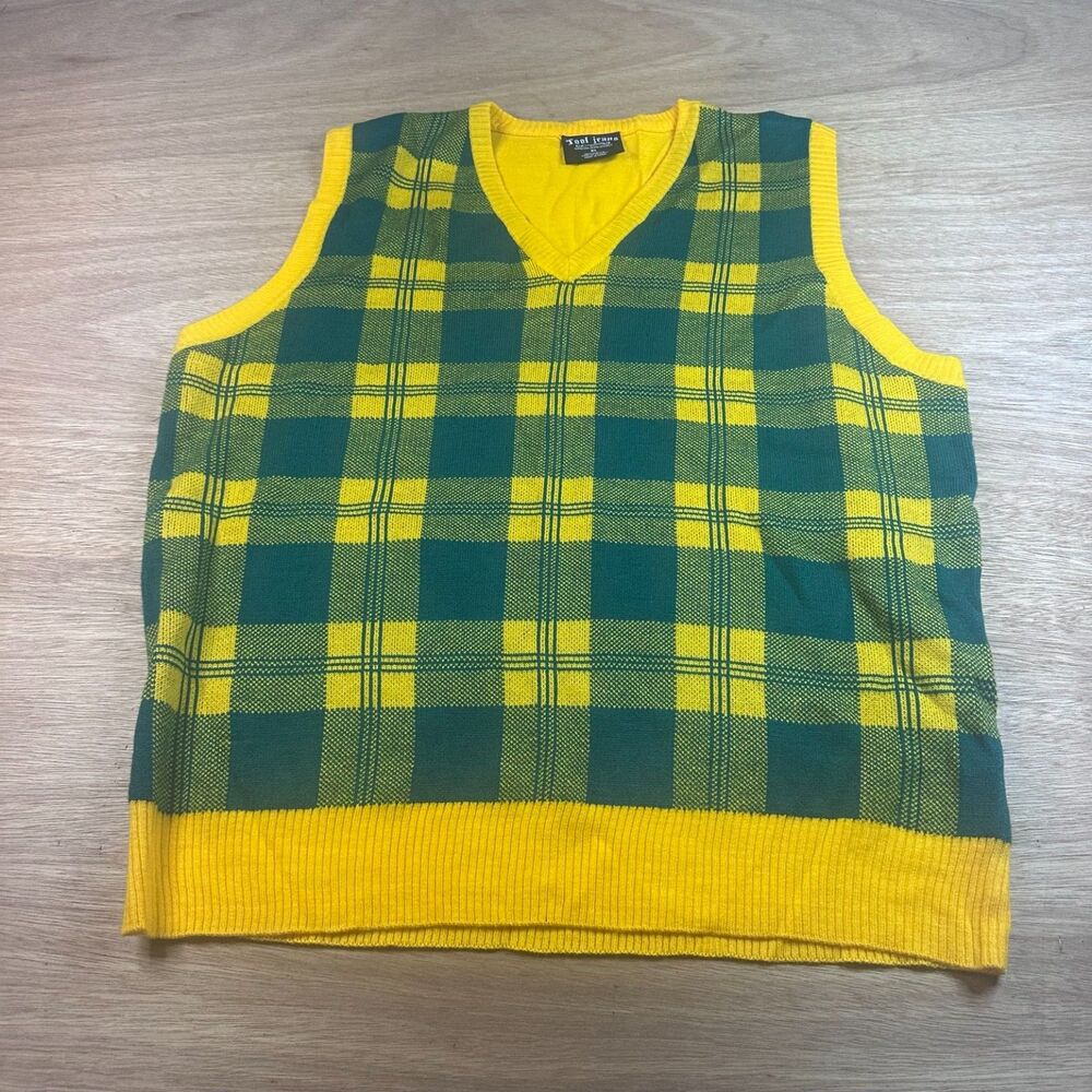 Tool Jeans Men’s XL Plaid Sweater Vest Green Yellow V-Neck Golfcore Grunge Y2K